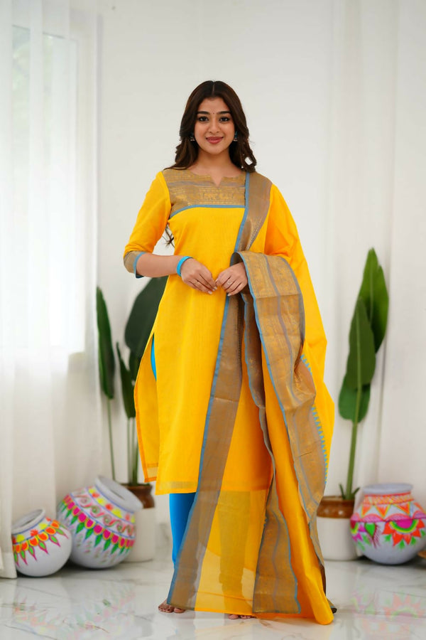 Divine Drape Women's Cotton Printed Straight Kurta With Dupatta - Yellow
