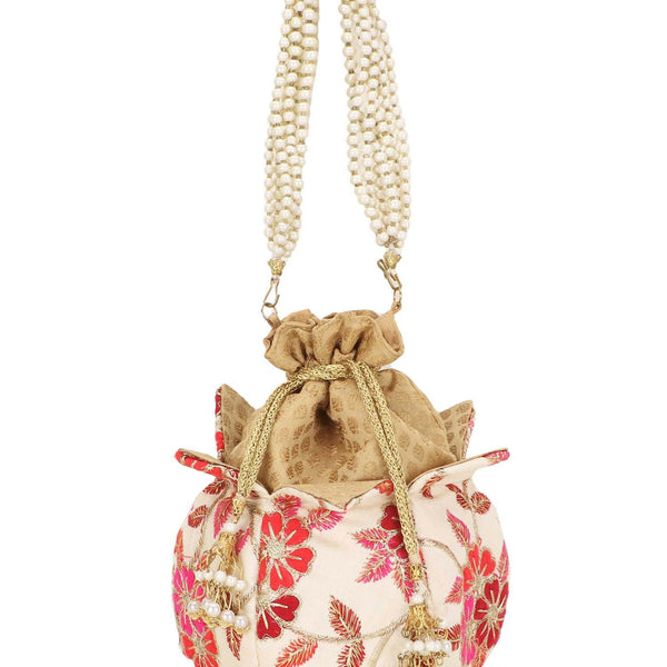 Joban Fashion Lotus Floral Embroidered Faux Silk Potli - Pink