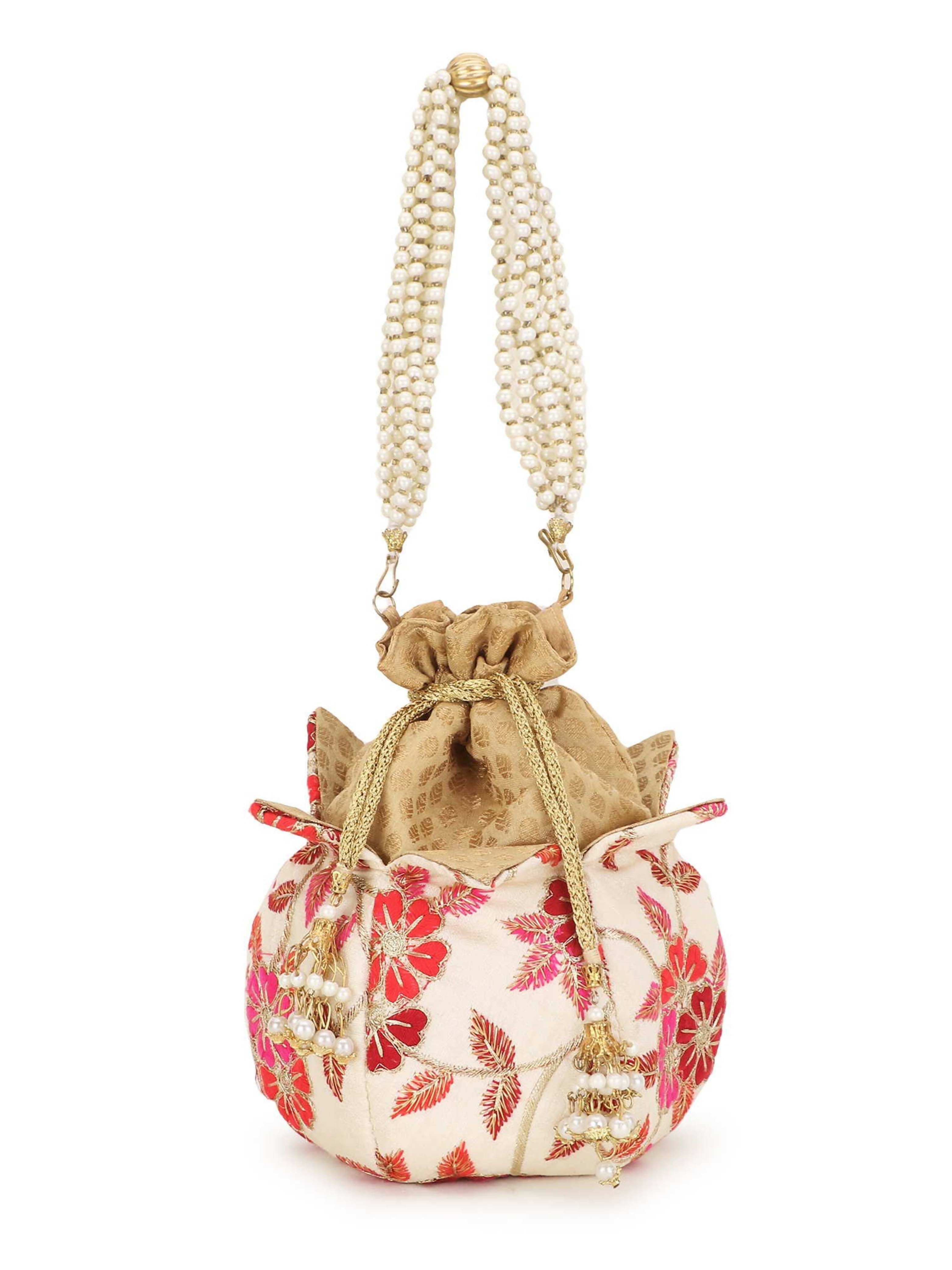 Joban Fashion Lotus Floral Embroidered Faux Silk Potli - Pink - Dista