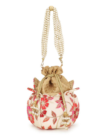 Joban Fashion Lotus Floral Embroidered Faux Silk Potli - Pink - Dista