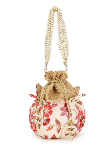 Joban Fashion Lotus Floral Embroidered Faux Silk Potli - Pink