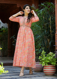 Thumbnail for Kaajh Women's Light Orange Floral Handblock Printed Cotton Dress - Distacart