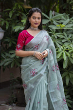 Thumbnail for Pine Pure Linen Ethnic Motifs Saree with Unstitched Blouse - A2M