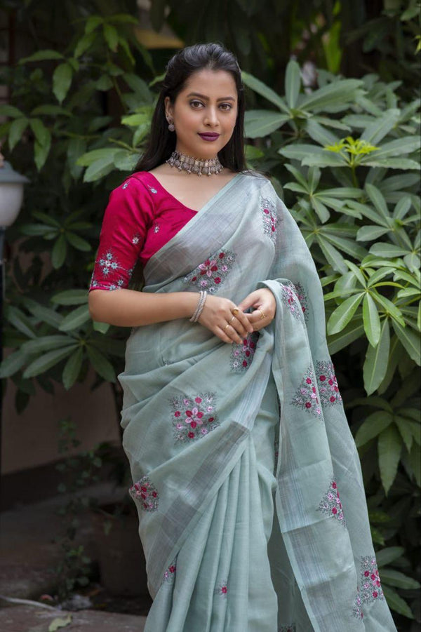 Pine Pure Linen Ethnic Motifs Saree with Unstitched Blouse - A2M