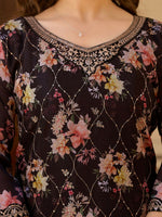 Thumbnail for The52 Black Women's Gorgeous Embroidered Chinon Fabric Straight Kurta Palazzo and Dupatta Set - Distacart
