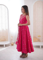 Thumbnail for Teeya Creation Pink Color Roman Silk Embroidery Work Party Wear Gown - Distacart