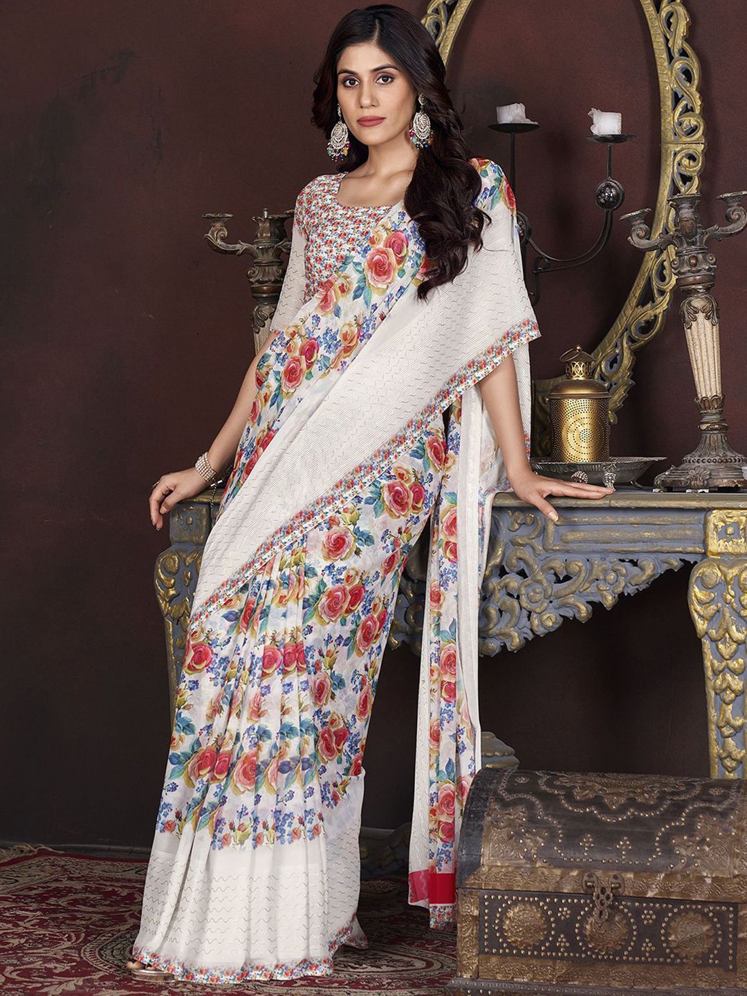 Mitera Floral Printed Pure Georgette Saree - Distacart