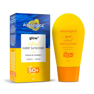 Aqualogica Glow+ Infused Water Sunscreen with Papaya & Vitamin C, Gives Glowing & Hydrated Skin, No White Cast - Distacart