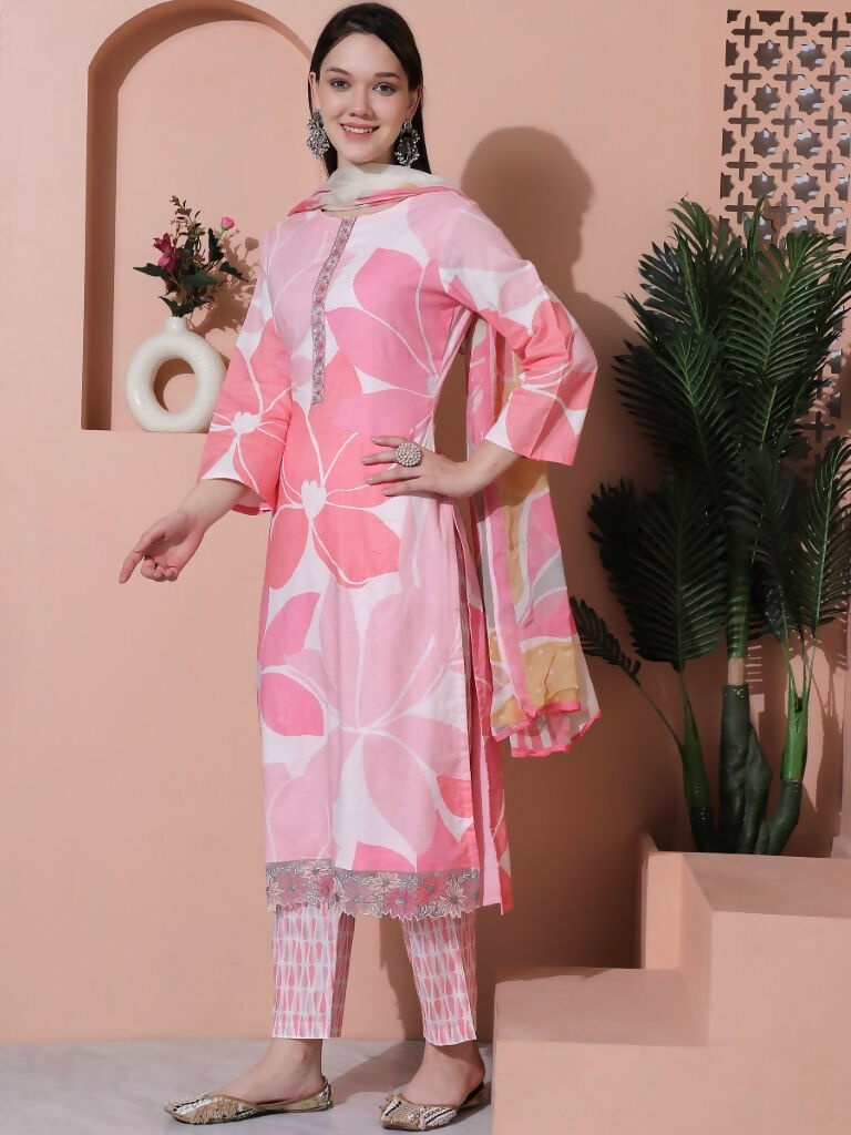 Jyoti Fashion Women's Pink Cotton Floral Digital Print & Floral Embroidered Cutwork Border Sequins Work Kurta with Trouser & Dupatta - Distacart