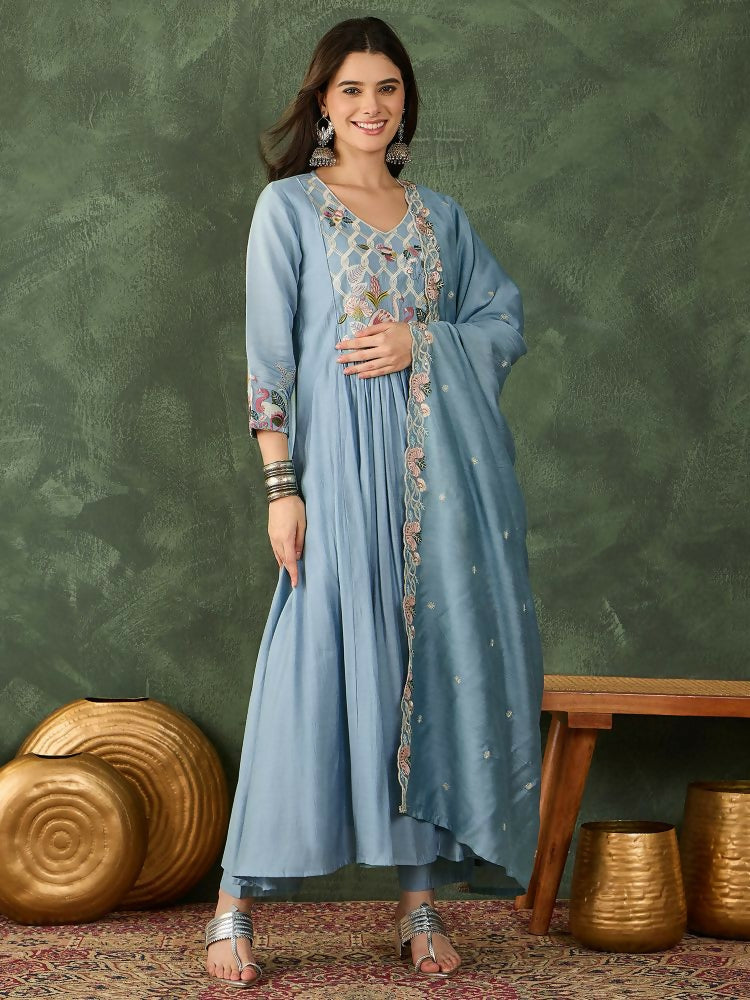 The52 Women's Beautiful Embroidery Work Silk Fabric Flared Kurta Pant and Dupatta Set - Dista
