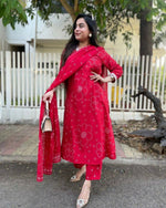 Thumbnail for The52 Red Women's Beautiful Rayon Fabric Printed Work Straight Kurta Pant and Dupatta Set - Distacart