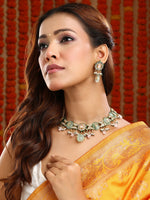 Thumbnail for Ruby Raang Gold Polished Green Kundan And Mint Colored Stonework Necklace With Matching Earrings