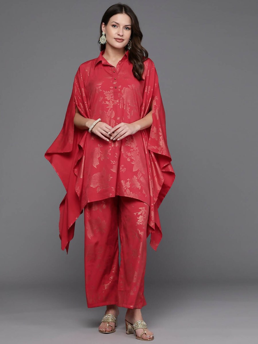 Ahalyaa Women Floral Printed Tunic with Palazzos - Red Color - Distacart