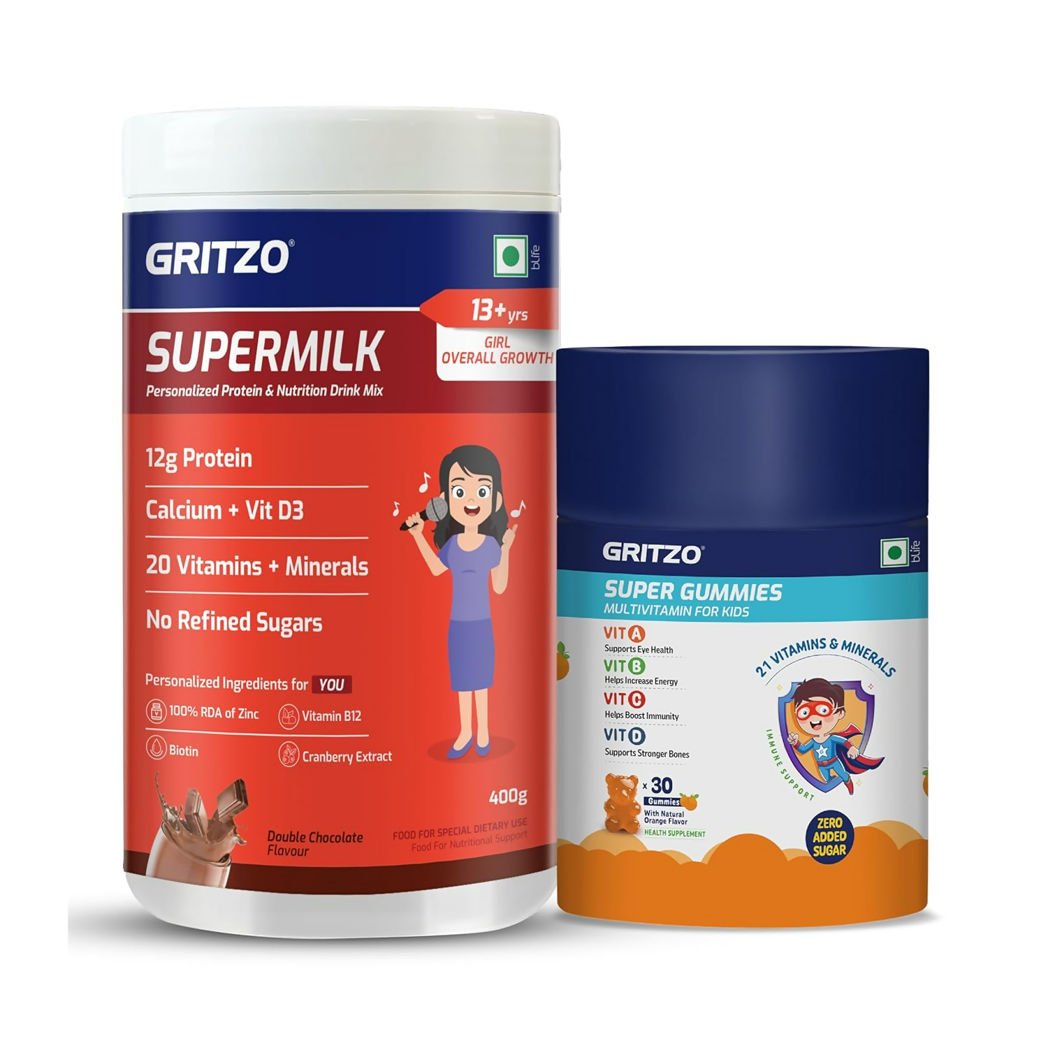 Gritzo SuperMilk Overall Growth (13+y Girls) (Double Chocolate ) with Super Gummies (Natural Orange Flavour) - Distacart