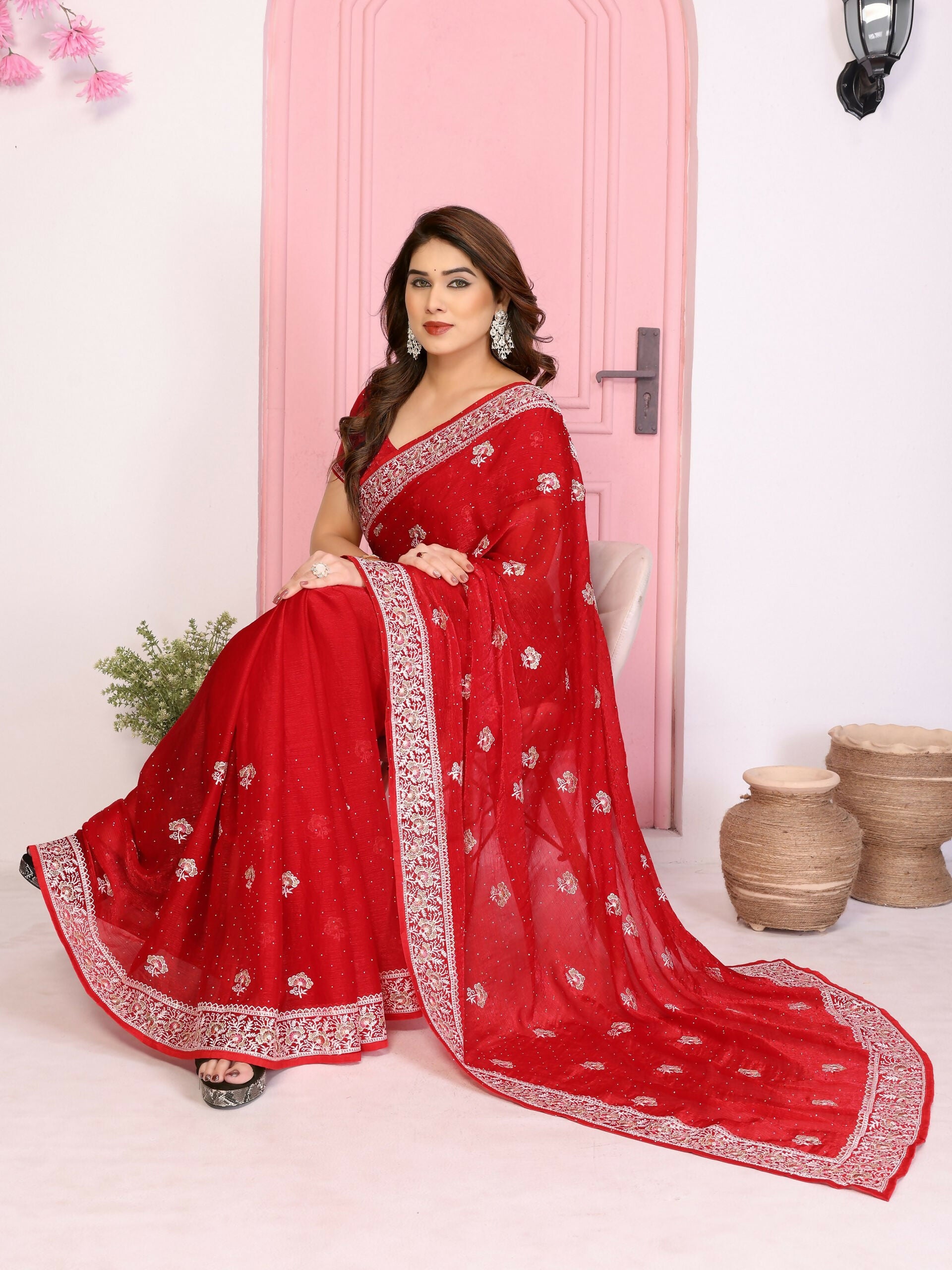 Teeya Creation New Womens Latest Party Wear Soft Chiffon Silk Saree-Red - Dista