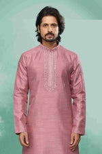 Thumbnail for Raivat Ethnic Art Silk Mirror Embroidery Work Kurta Pajama In Pink Colour - Dista