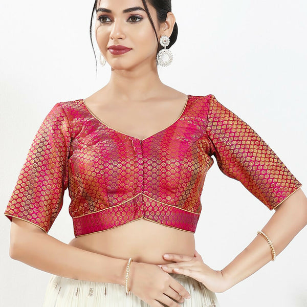 Joban Fashion Pink Brocade Padded Blouse With Sweetheart Neck Elbow Sleeves