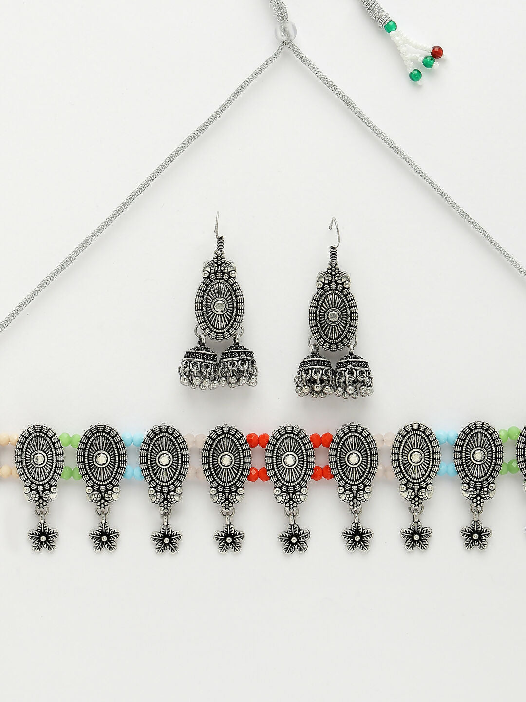 NVR Women's Silver-Plated Choke Oxidized Necklace with Jhumka Earrings - Distacart