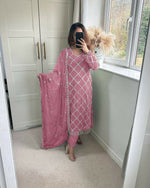 Thumbnail for Preksha Creation Indian Festival Special Women Faux Georgette Sequence Embroidered Work Top And Pant With Dupatta - Pink - Distacart