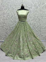 Thumbnail for Jyoti Fashion Women's Pista Green Bridal Net Fancy Dori, Multi Thread, Hand Mirror and Diamond Work Wedding Lehenga Choli - Distacart