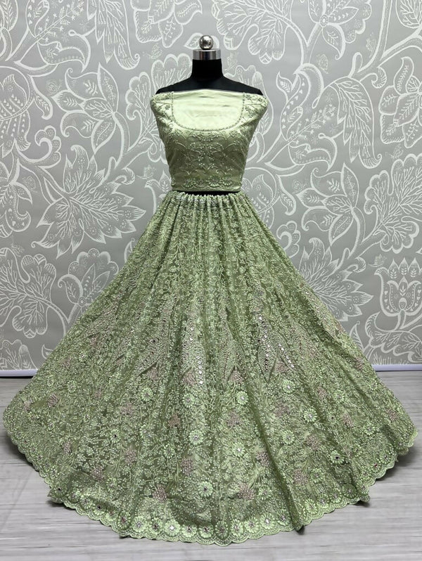 Jyoti Fashion Women's Pista Green Bridal Net Fancy Dori, Multi Thread, Hand Mirror and Diamond Work Wedding Lehenga Choli - Distacart