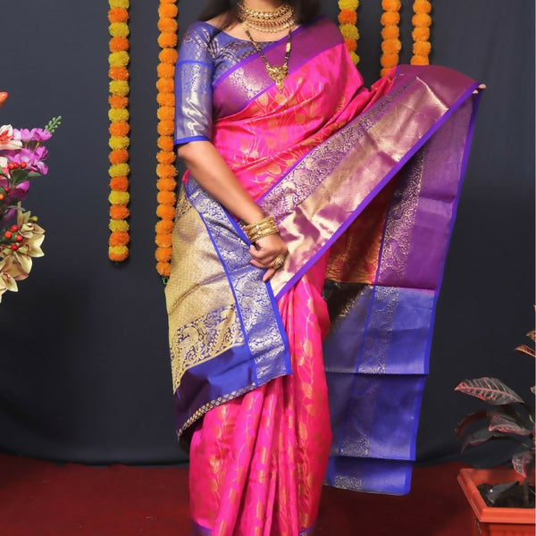 Jyoti Fashion Women's Pink Kanjivaram Silk Zari Woven Saree with Blouse - Distacart