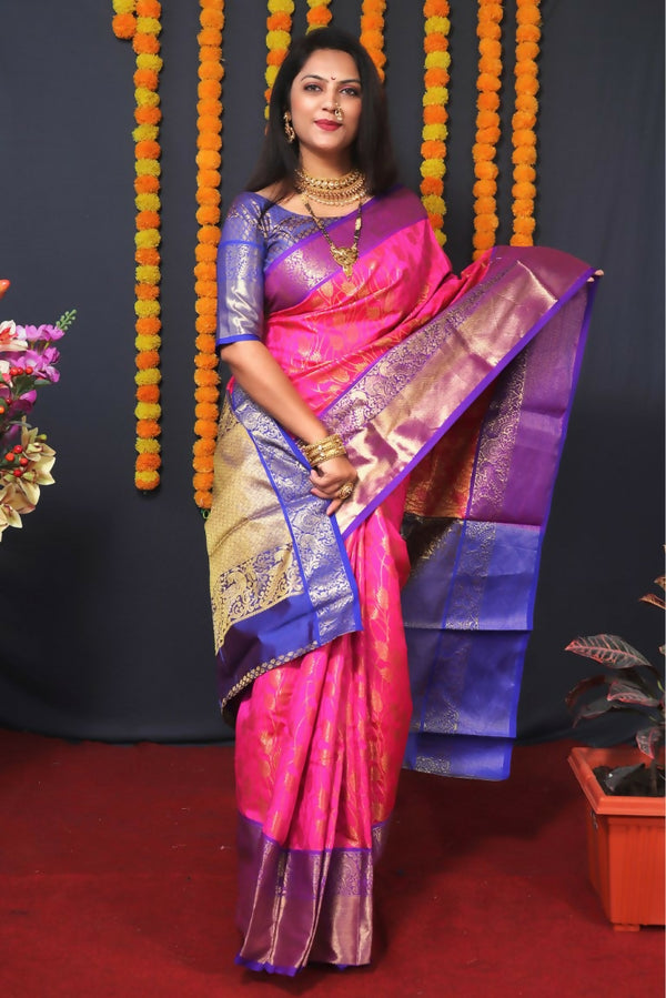 Jyoti Fashion Women's Pink Kanjivaram Silk Zari Woven Saree with Blouse - Distacart