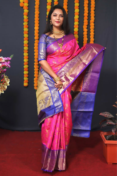 Jyoti Fashion Women's Pink Kanjivaram Silk Zari Woven Saree with Blouse - Distacart