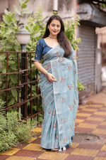 Thumbnail for Sky Pure Linen Ethnic Motifs Saree with Unstitched Blouse - A2M