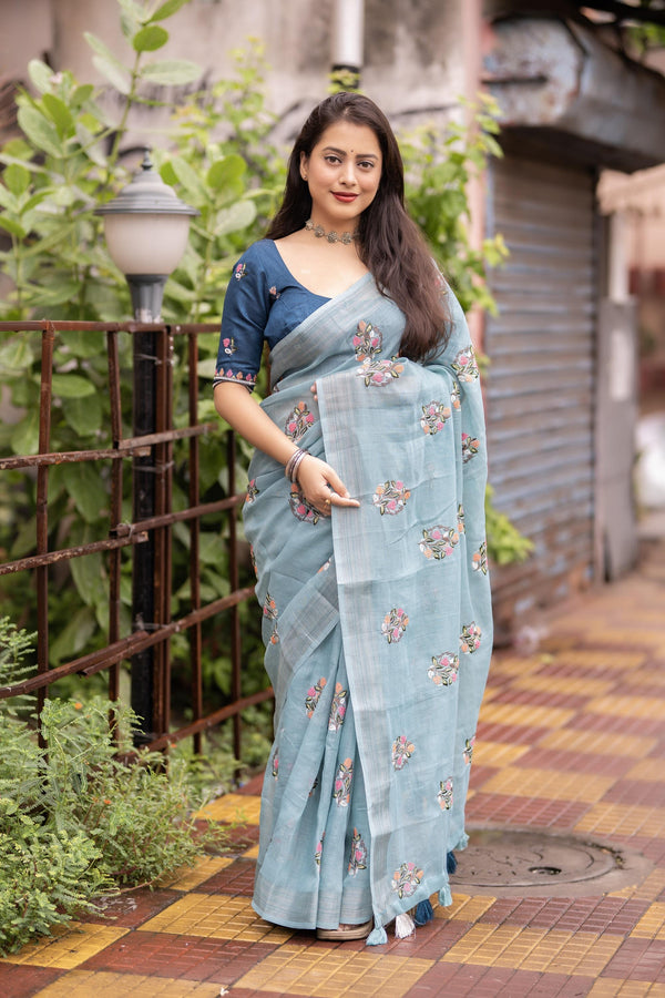 Sky Pure Linen Ethnic Motifs Saree with Unstitched Blouse - Hiral Fashion - Distacart