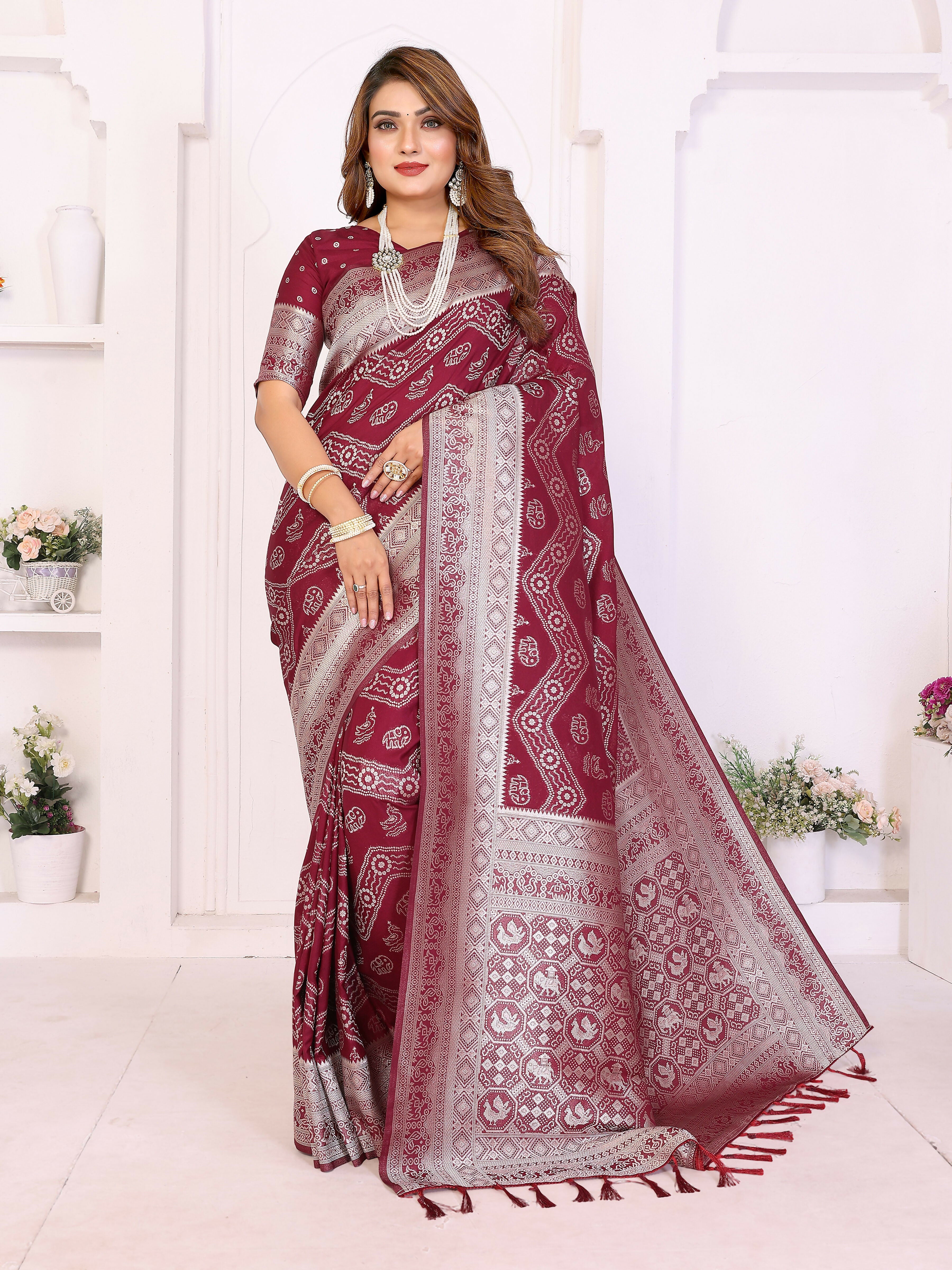 Aastha Fashion Maroon Georgette Silk Leheriya With Elegant Zari Weaving Saree - Distacart