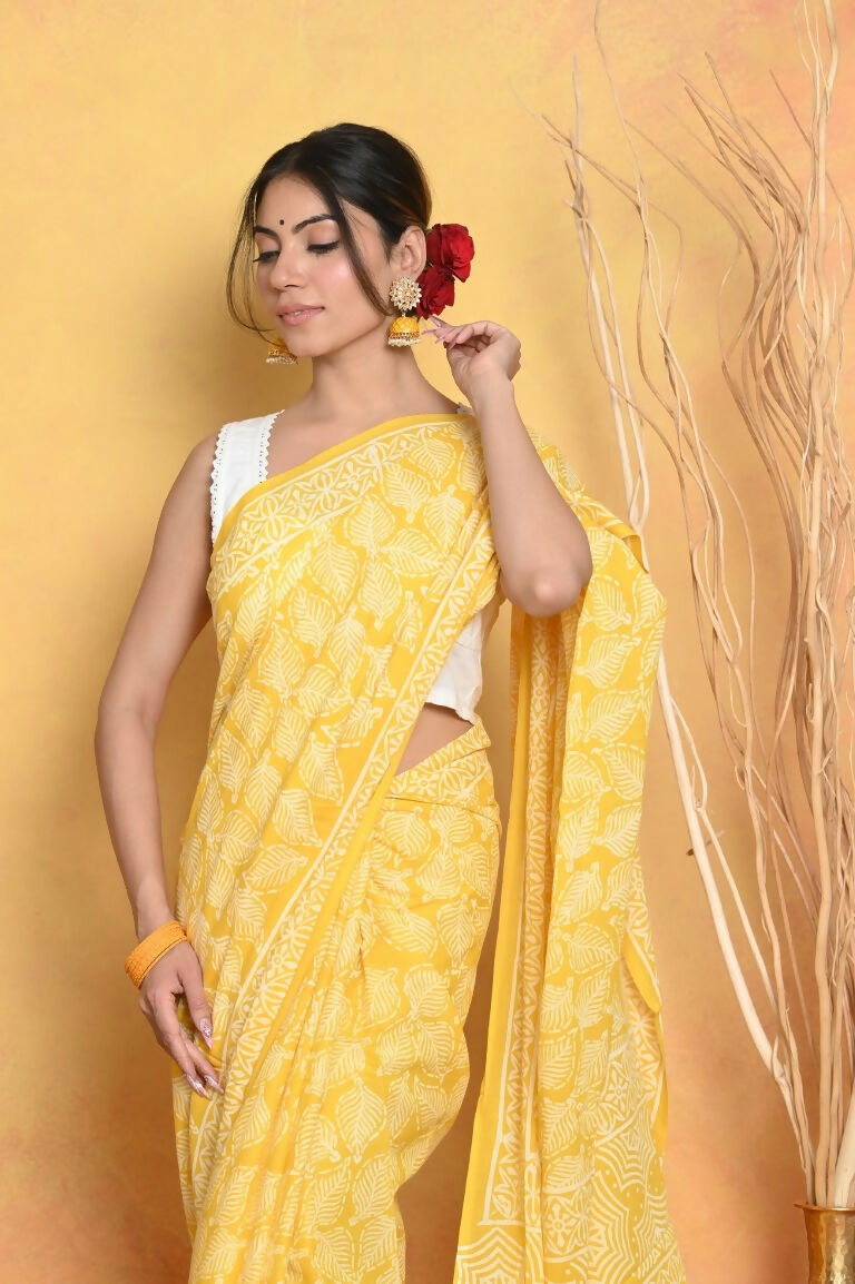 Very Much Indian Handblock Printed Cotton Saree With Natural Dyes - Yellow - Distacart