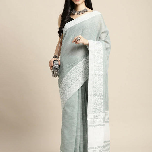 Shree Shyam Fashion Linen Sea Green Saree - Distacart
