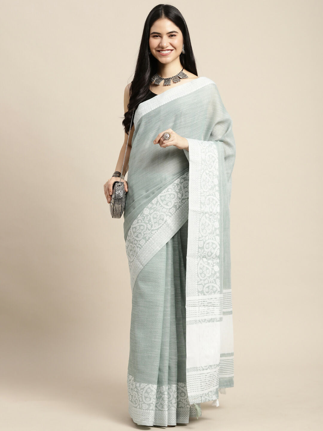 Shree Shyam Fashion Linen Sea Green Saree - Distacart
