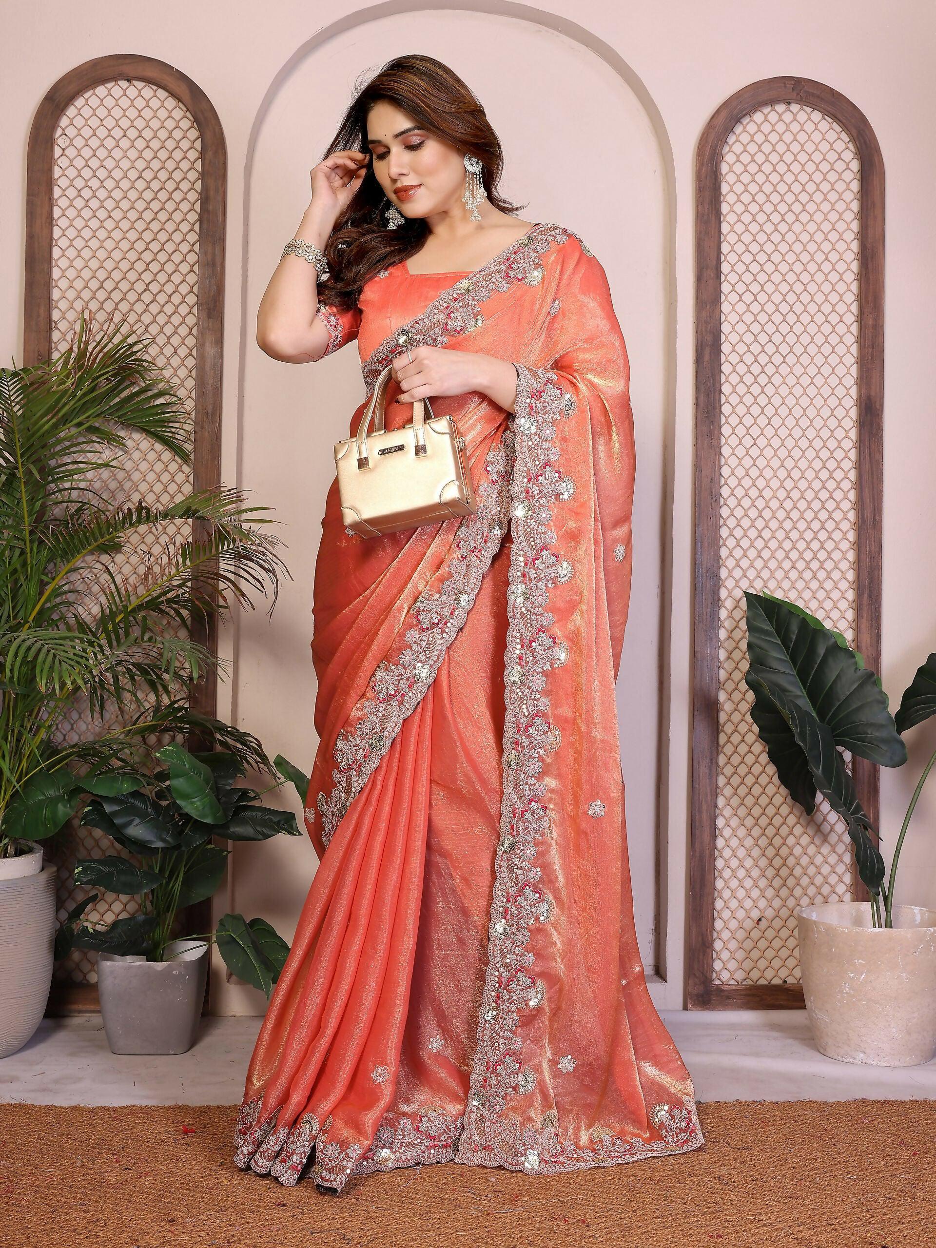 Teeya Creation New Womens Latest Party Wear Soft Chiffon Silk Saree-Peach - Dista