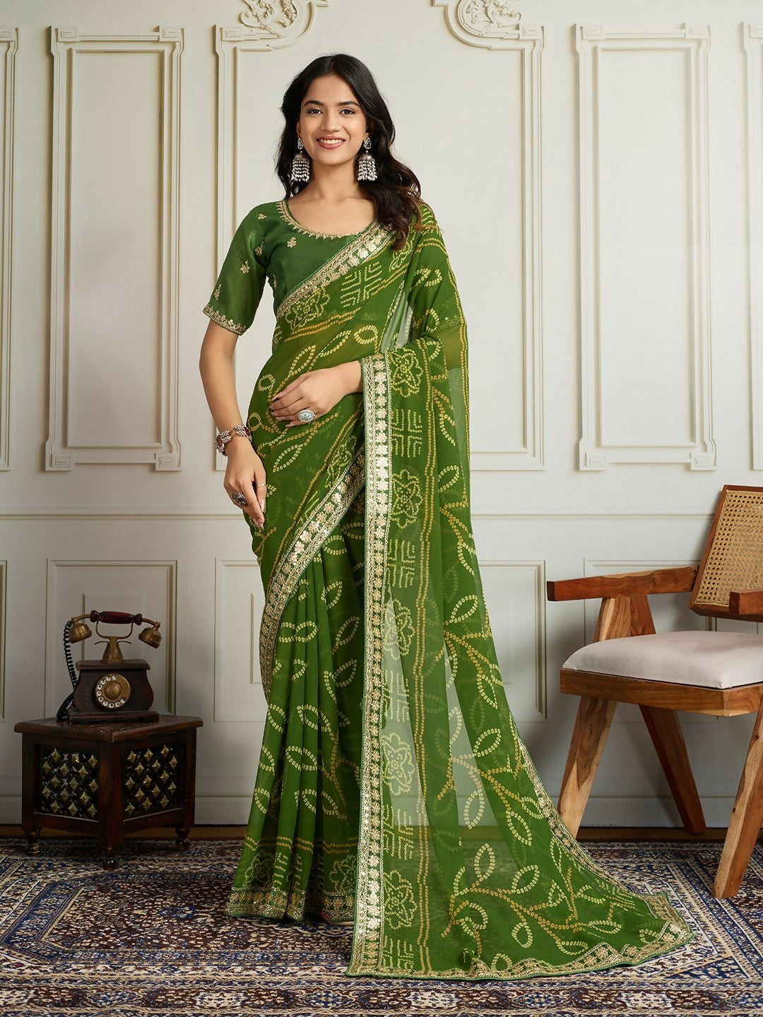 Ai Fashion Green Georgette Rajwadi Bandhani Print Party Wear Saree