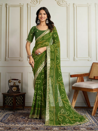 Ai Fashion Green Georgette Rajwadi Bandhani Print Party Wear Saree