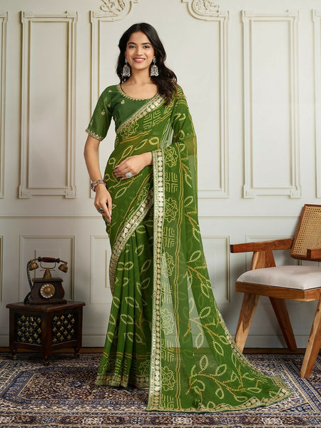 Ai Fashion Green Georgette Rajwadi Bandhani Print Party Wear Saree