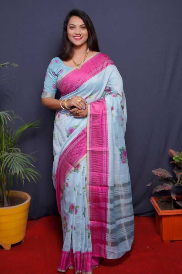 Jyoti Fashion Women's Pink Linen Silk Digital Print with Jacquard Woven Border Saree with Blouse - Distacart