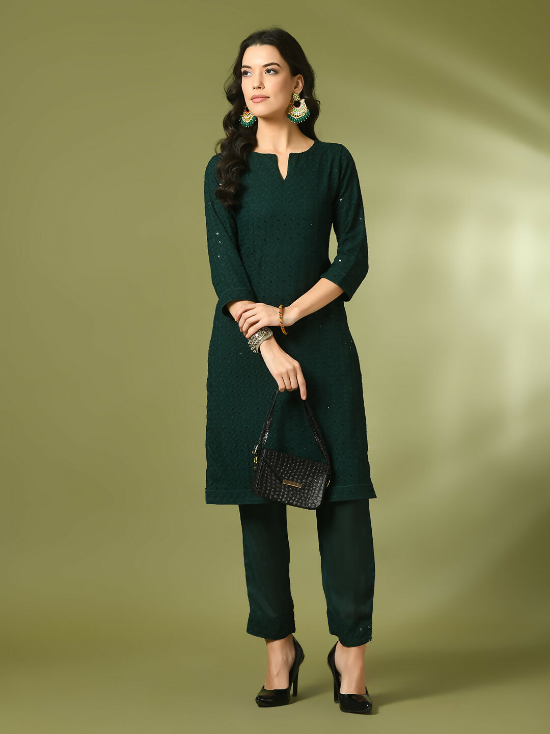 Myshka Women's Green Embroidered Cotton Straight Party Kurta Set - Distacart