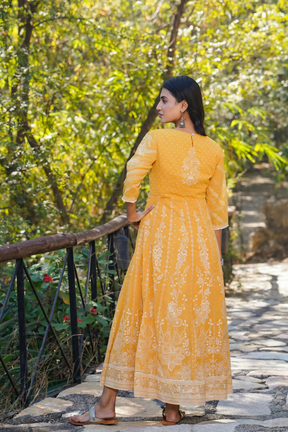 Juniper Yellow Floral Printed Georgette Maxi Dress With Beads Kantha Work & Sequins At Neckline - Distacart