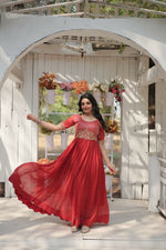 Thumbnail for Aastha Fashion Women's Orange Faux Blooming Embroidery Zari Sequins-work Gown - Distacart