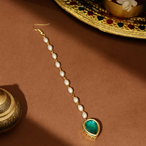 Ruby Raang Green Tear Drop Green Meenakari Maang Tikka