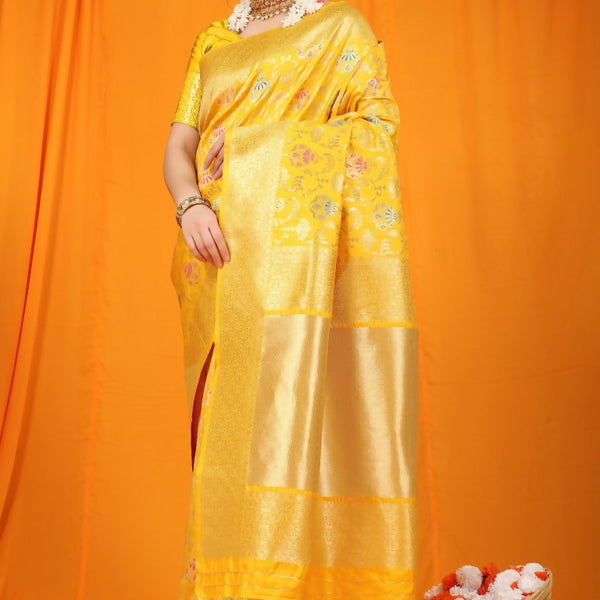 Jyoti Fashion Women's Yellow Kanjivaram Silk Zari Woven Saree with Blouse - Distacart