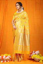 Thumbnail for Jyoti Fashion Women's Yellow Kanjivaram Silk Zari Woven Saree with Blouse - Distacart