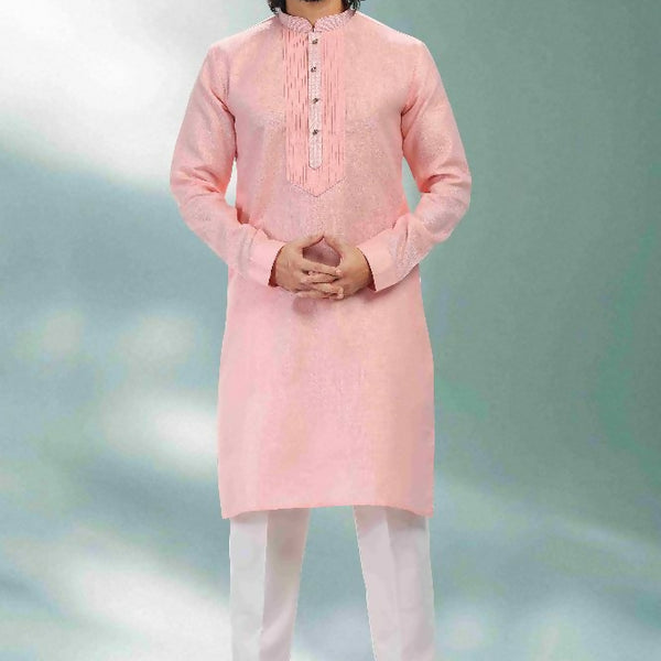 Raivat Ethnic Linen Cotton Pintux Work Kurta Pajama In Pink Colour - Dista
