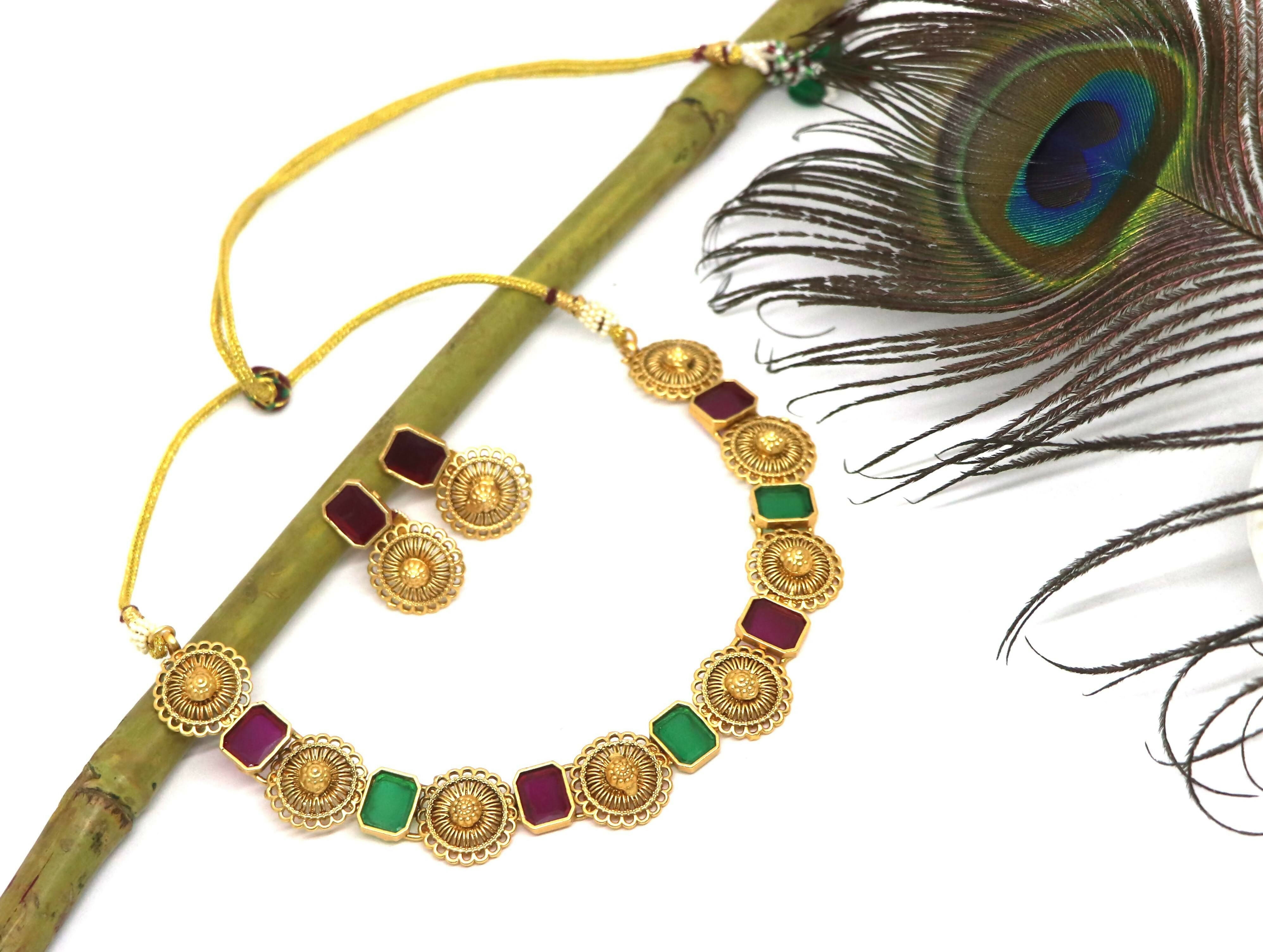 Joban Fashion Maroon & Green Pure Brass With Rajwadi Polish Necklace Set - Dista
