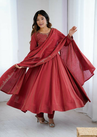 Joban Fashion Maroon Kurta Set Chanderi Sequence Embroidery Work - Distacart