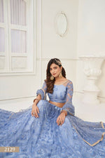 Thumbnail for Aastha Fashion Neon Blue Butterfly Net Tone To Tone Thread Work, Sequence Work Embroidery With Original Mirror Handwork Wedding Wear Lehenga Choli - Distacart