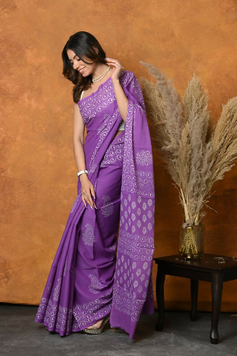 Very Much Indian Handblock Printed Cotton Saree With Natural Dyes - Purple - Distacart
